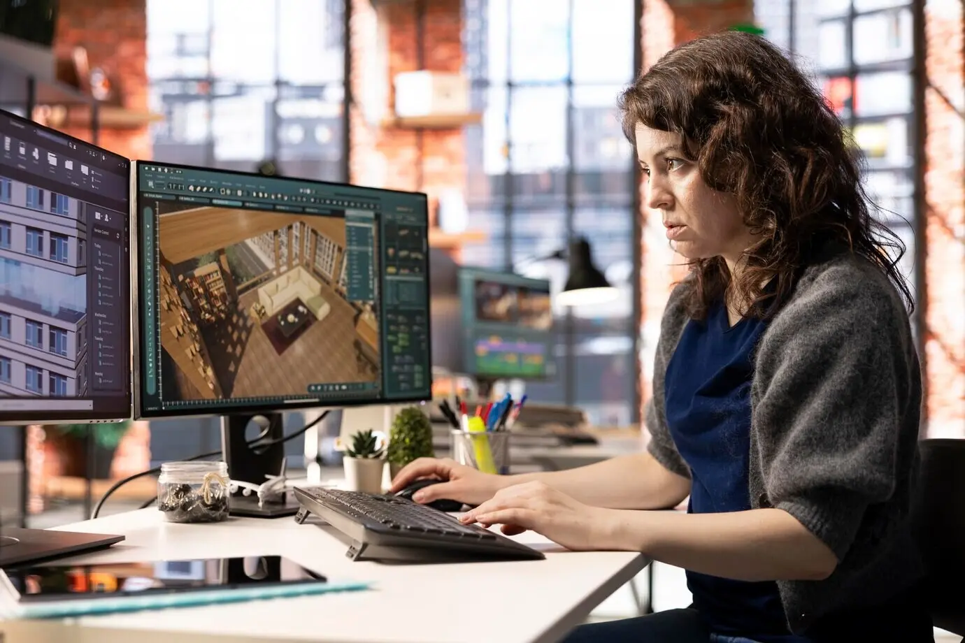 Architekturdesigner arbeitet an einem digitalen Hausentwurfsprojekt.