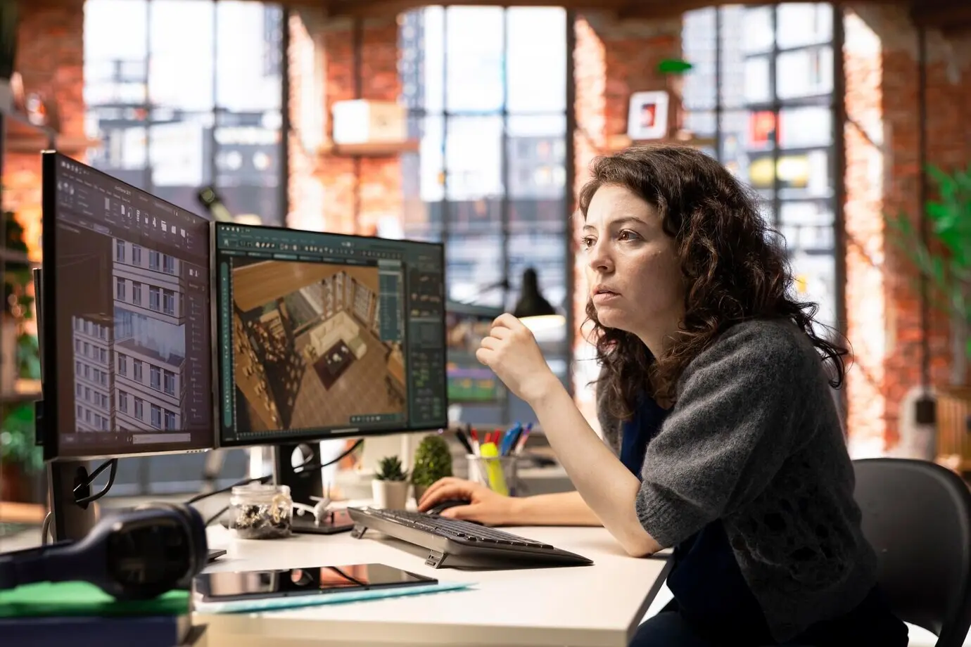 Ein Mitarbeiter in einem kreativen Büro nutzt CAD-Software, um den Innenraum eines Hauses zu entwerfen.