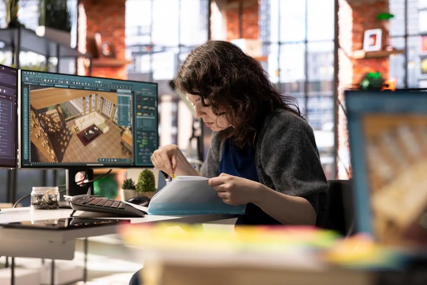 Eine Grafikerin nutzt auf ihrem PC Architektursoftware, um ein detailliertes 3D-Rendering zu erstellen.