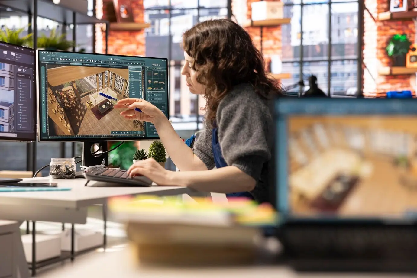 Eine Entwicklerin arbeitet mithilfe von CAD-Software an einem Innenarchitekturprojekt.